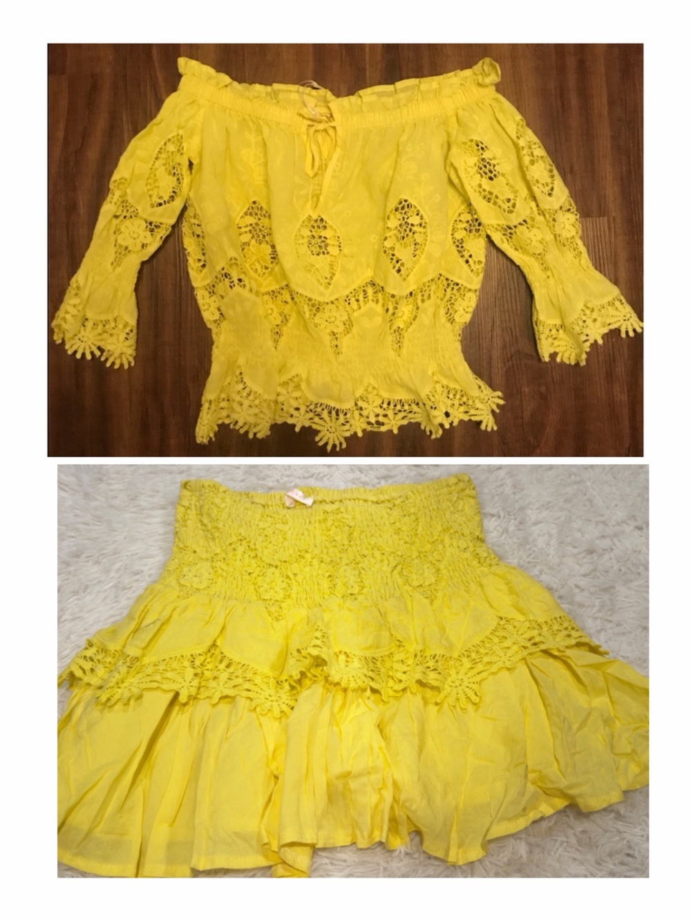 Luxxel Yellow Crochet Off-Shoulder Top and Skirt Set